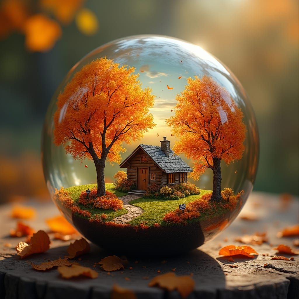 Autumn Landscape Encapsulated in Glass Paperweight