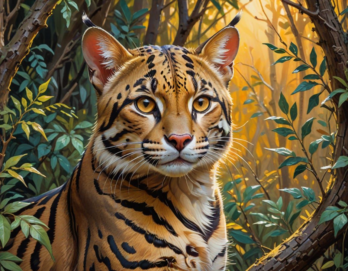 Ocelot in Thorn Forest: Impressionist Gouache Painting