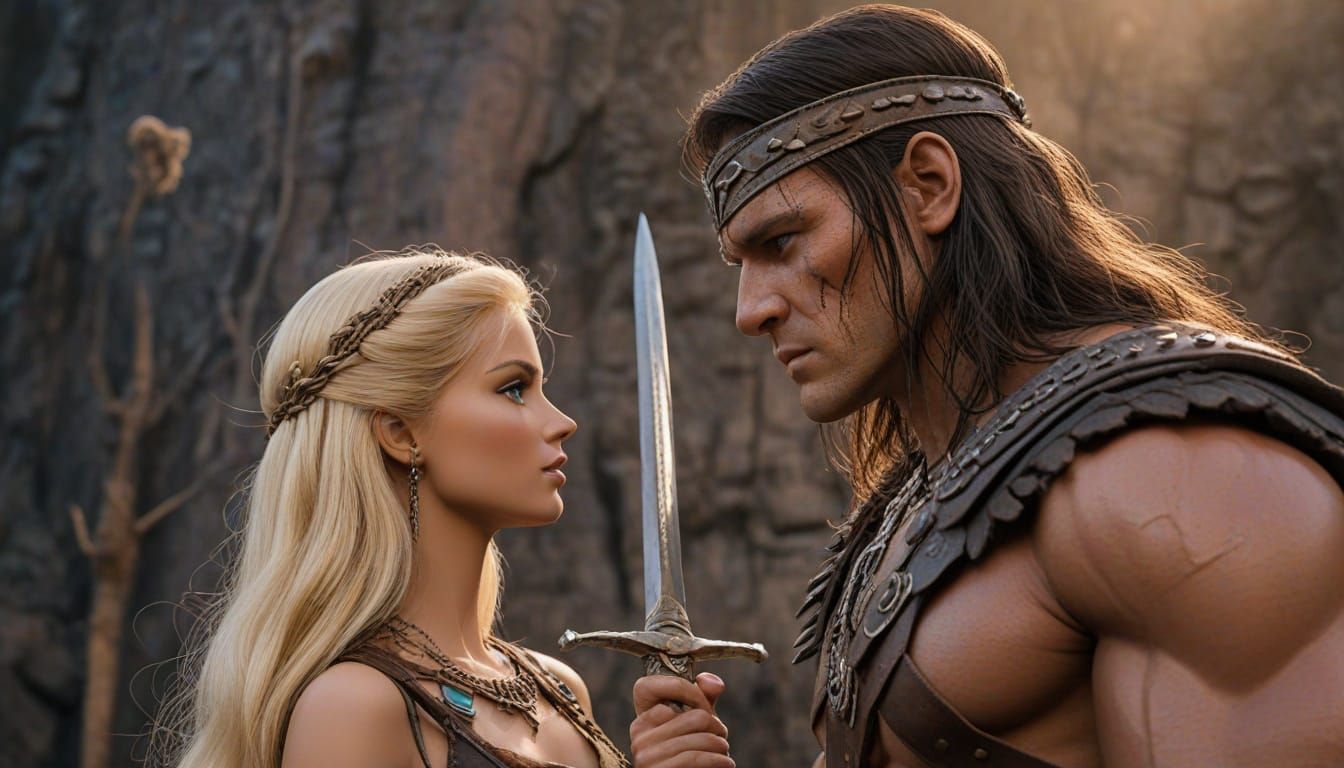 Conan and Barbie Prepare for Battle: Cinematic Film Still