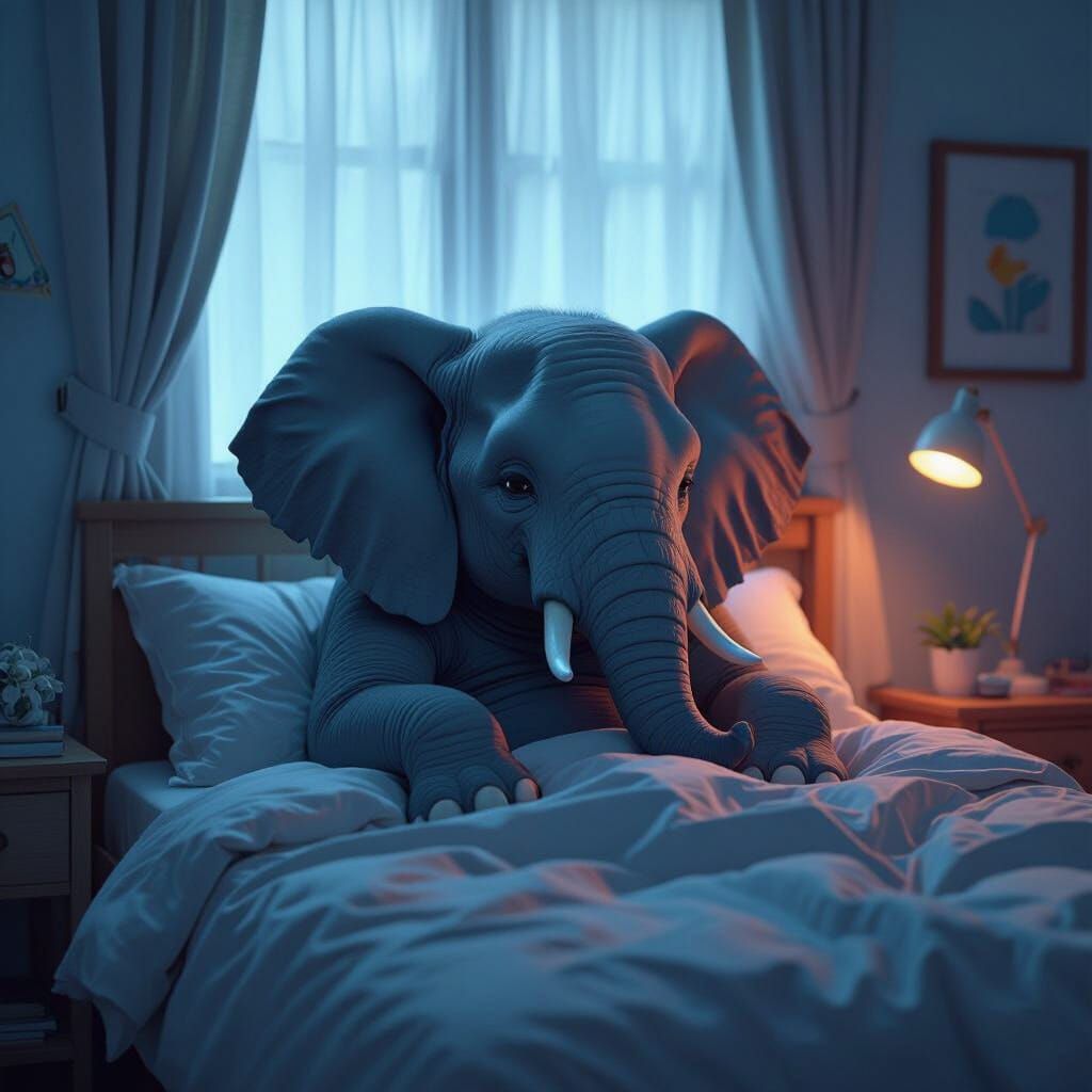 Humanoid Elephant Chilling in Bold Bedroom, Spongebob Style