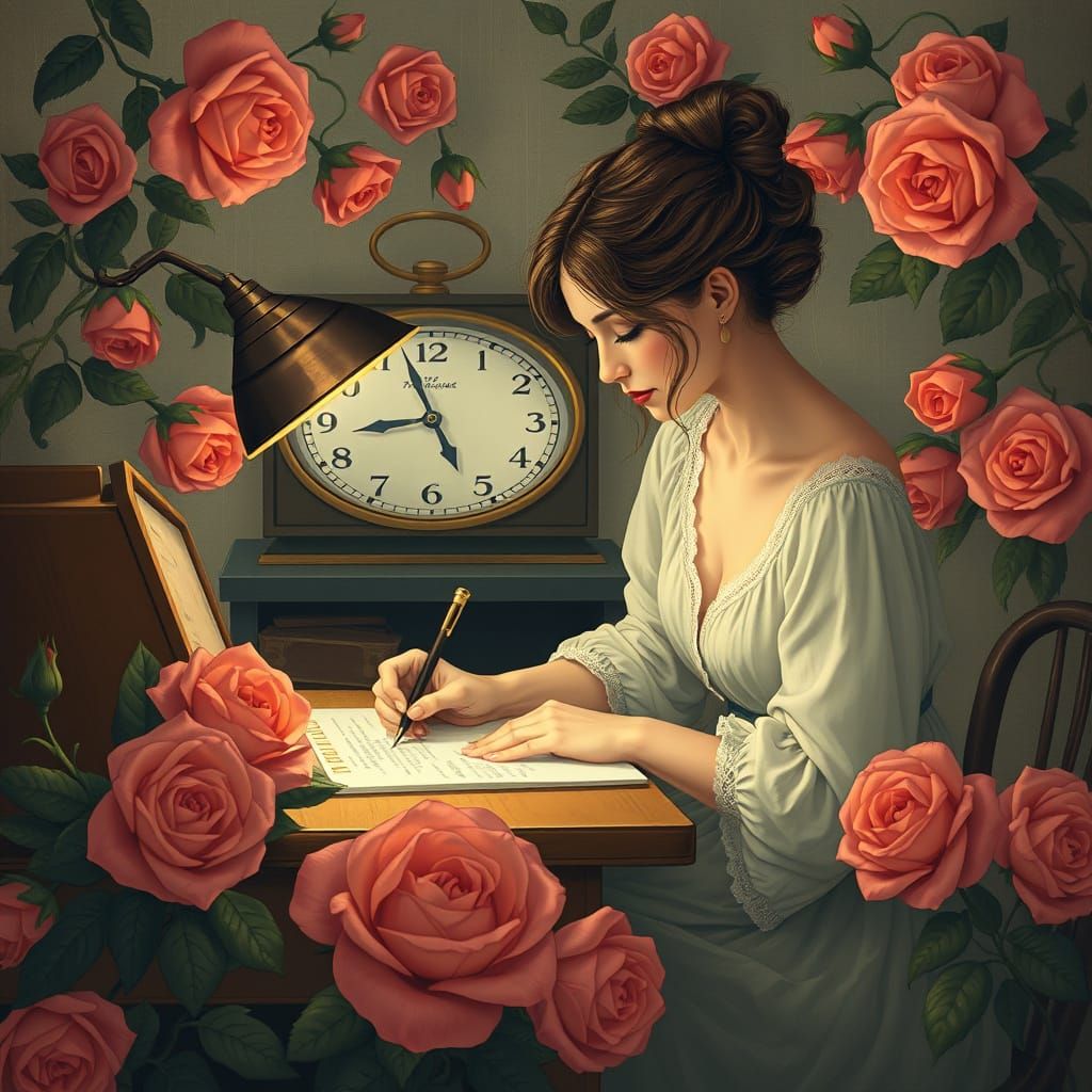 Woman Writing Timetable Among Roses, in Art Nouveau Style