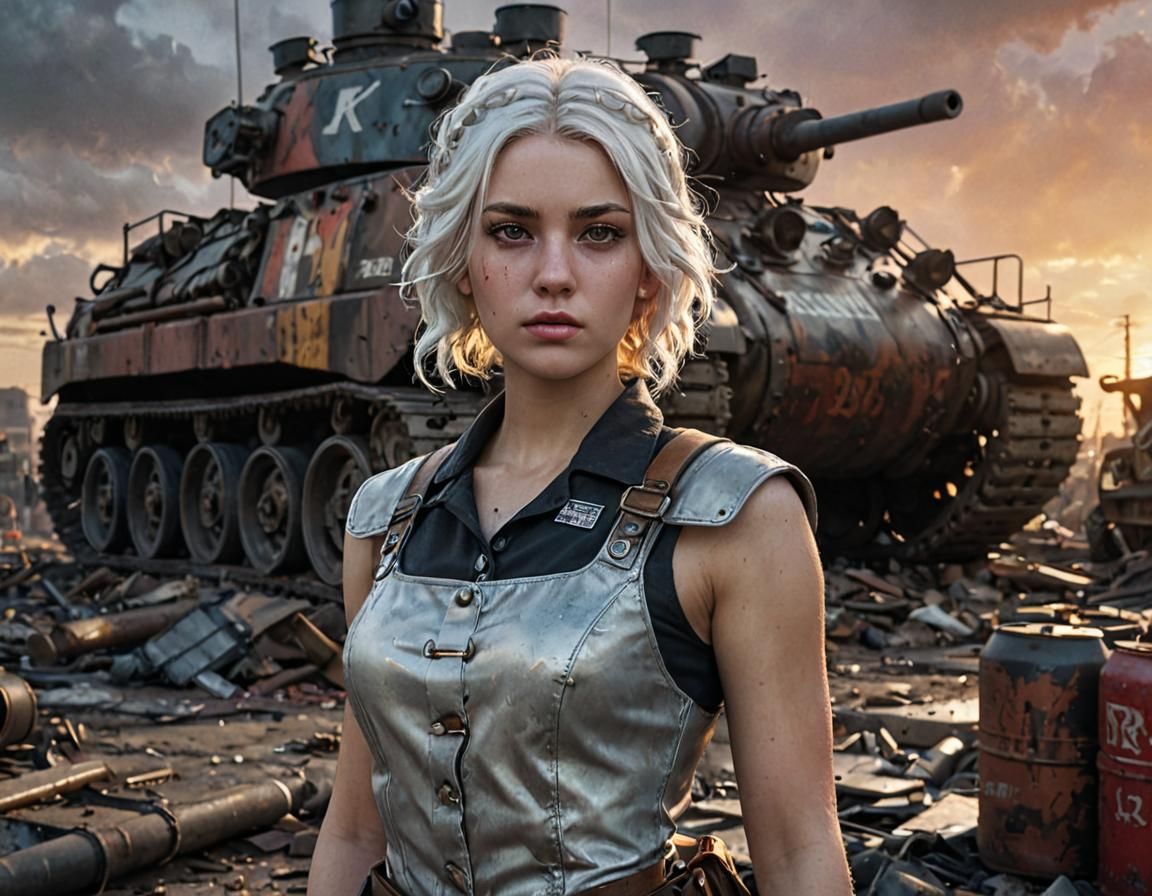 Dieselpunk Soldier in Industrial Wasteland at Sunset