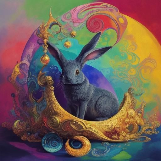 Dreamlike Alien Rabbit on Velvet Throne in Vibrant Colors