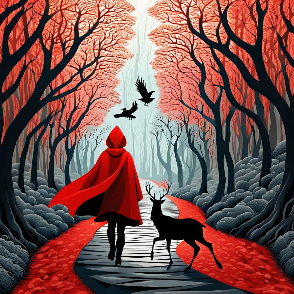 Woman in Hooded Cape on Wooded Path