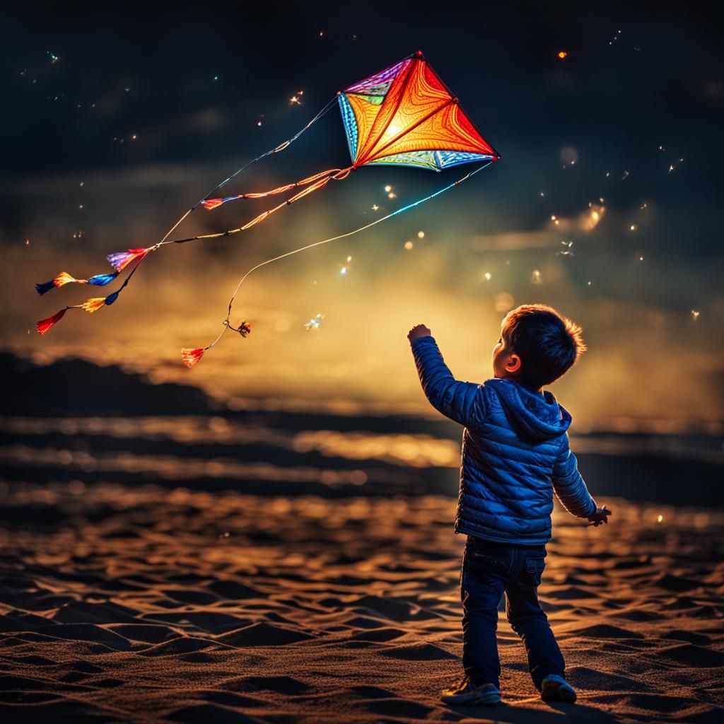 Child's Magic Kite Glows in the Dark: Hyperrealistic