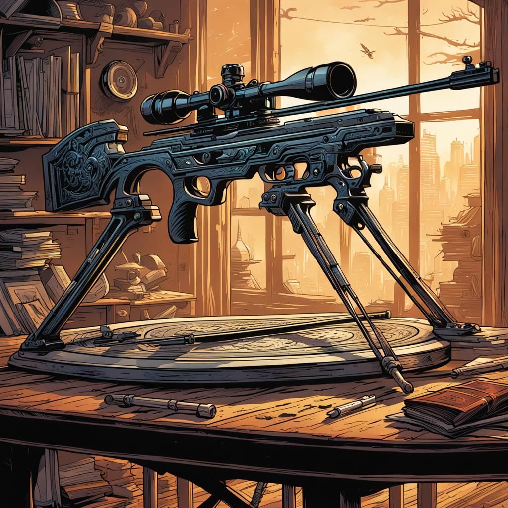 Crossbow on Table in Comic Book Art Style