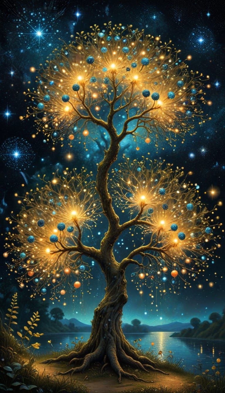 Surreal Pointillist Cosmic Tree Radiates Quantum Light
