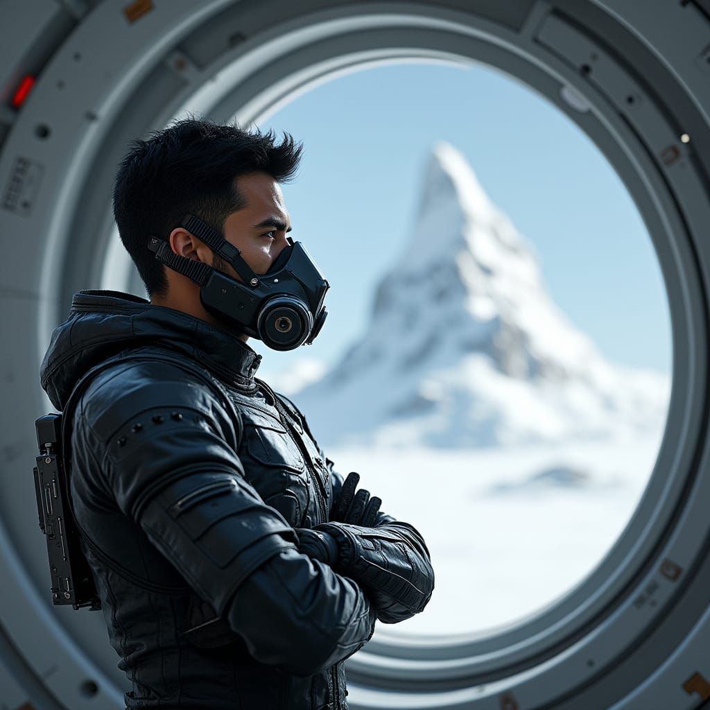 Man in Armored Suit Gazing at Snowy Planet