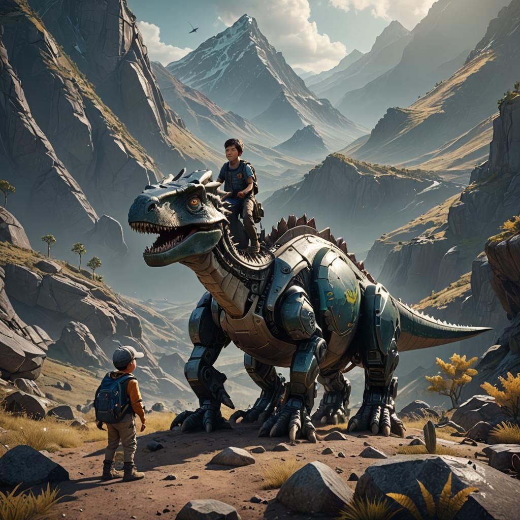 A little boy with his pet dinosaur in the mountains