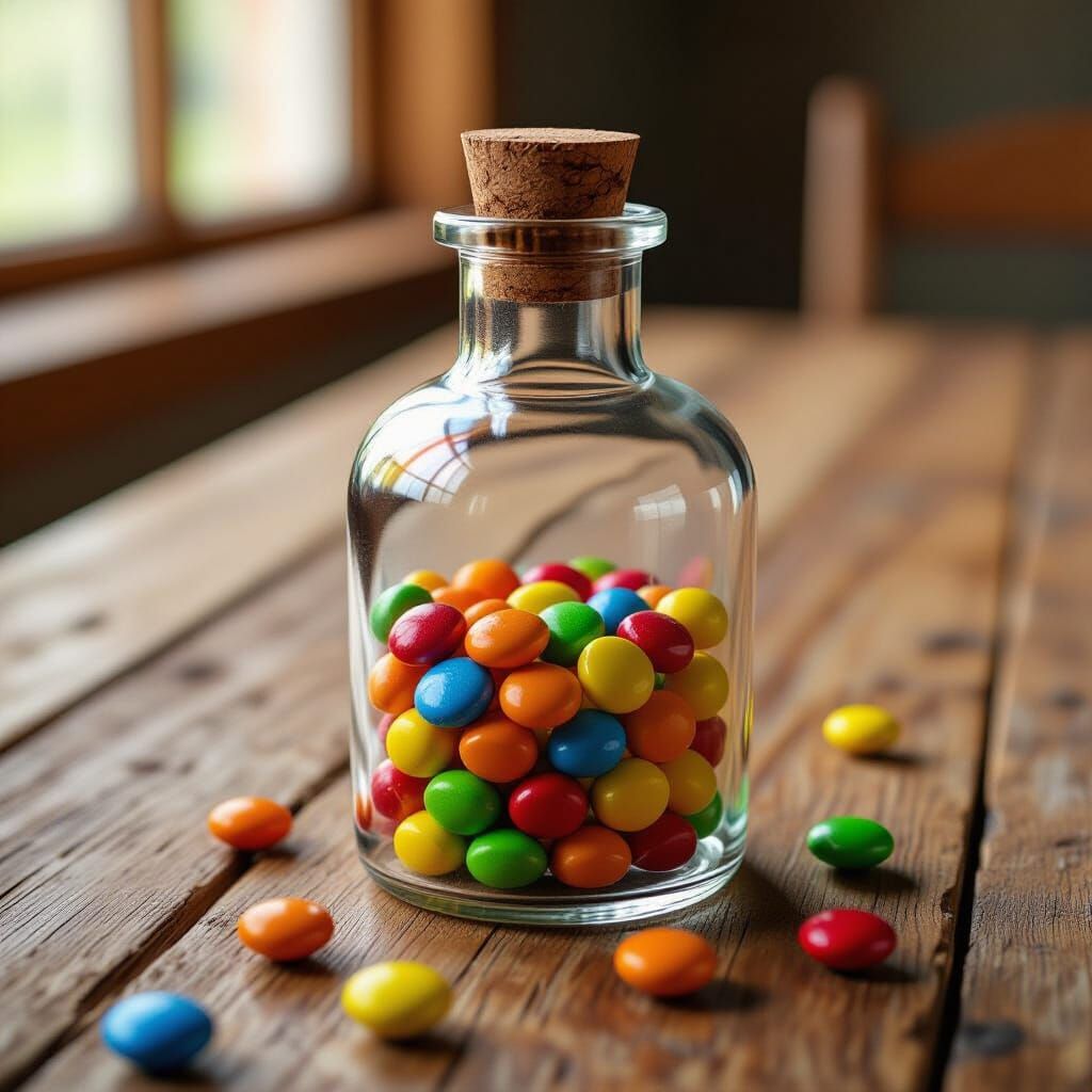 Glass Bottle Filled With Candy, Macro View