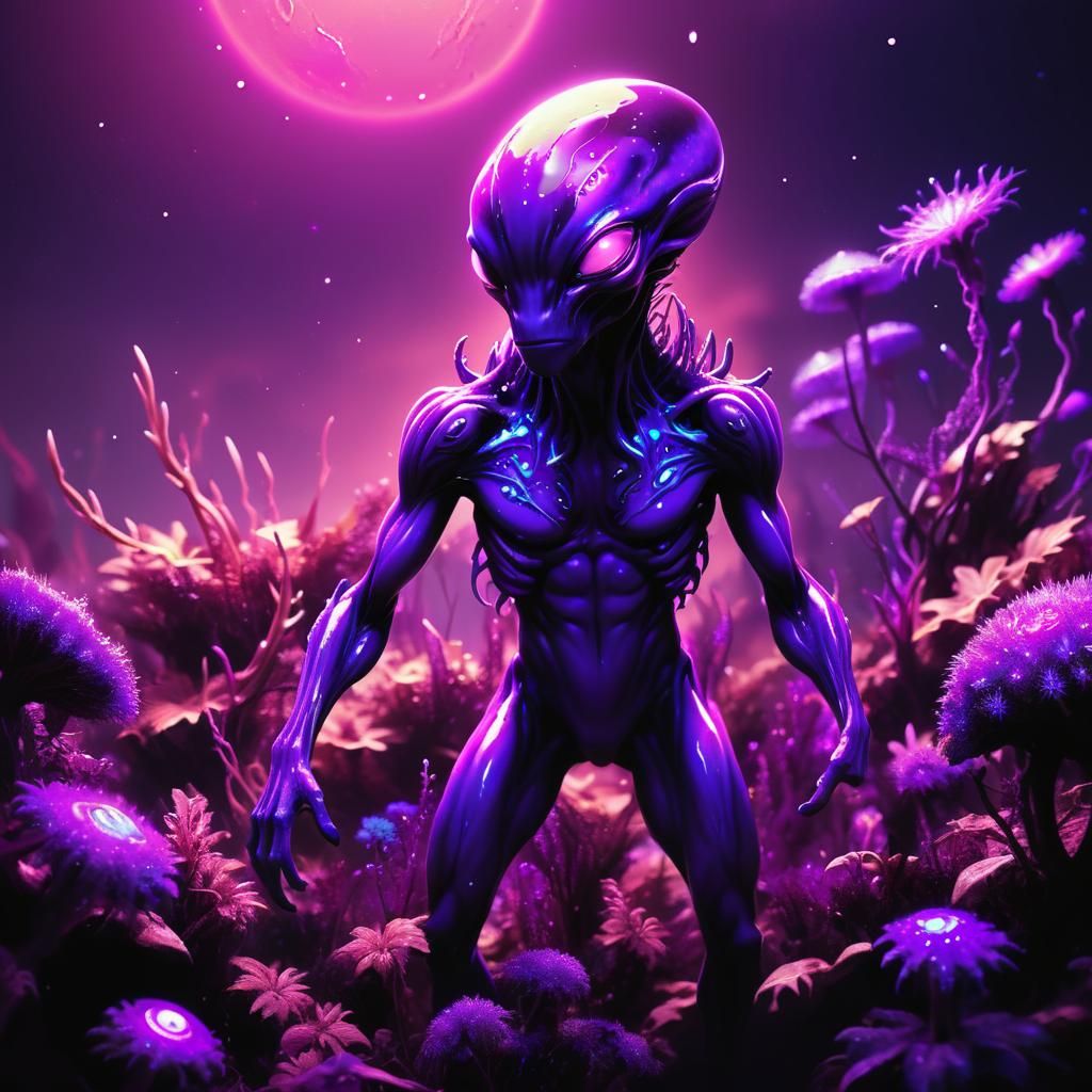 Purple Alien Creature in Bioluminescent Landscape