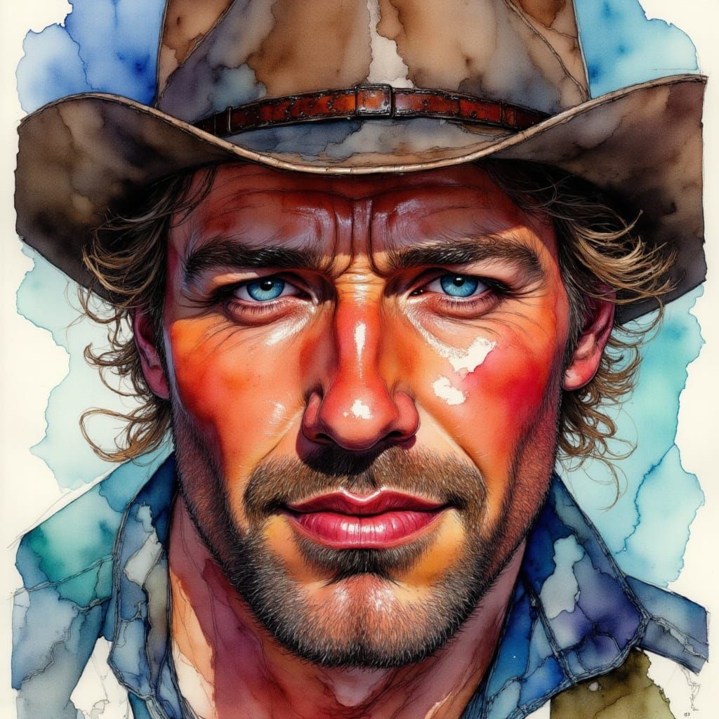 Cowboy Portrait in Alcohol Ink Sketch Style