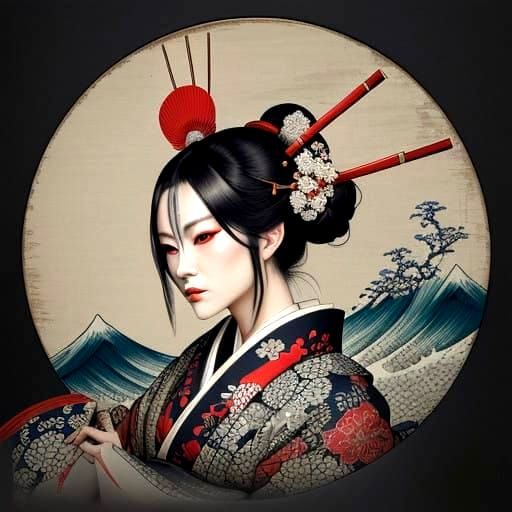 Geisha Samurai Portrait in Sumi-e Style