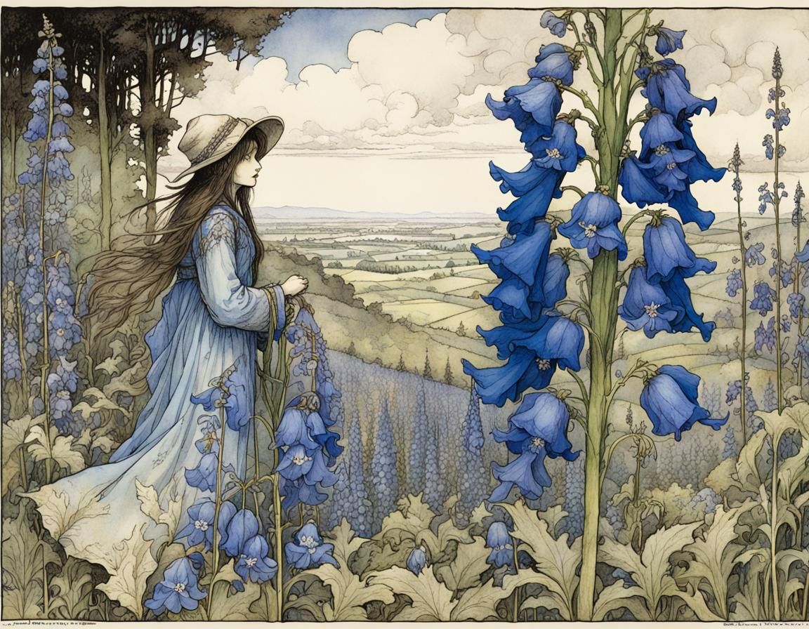 Delphinium and Monkshood Illustration in Fairy Tale Style