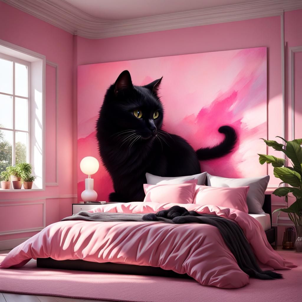 Hyperrealistic Pink Bedroom with Black Cat
