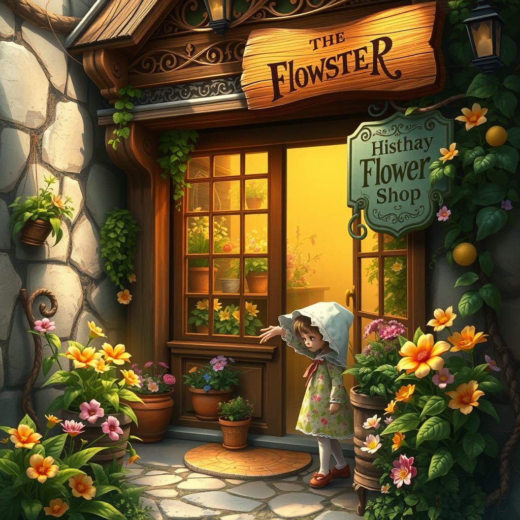 Whimsical Flower Shop in a Mystical Alleyway