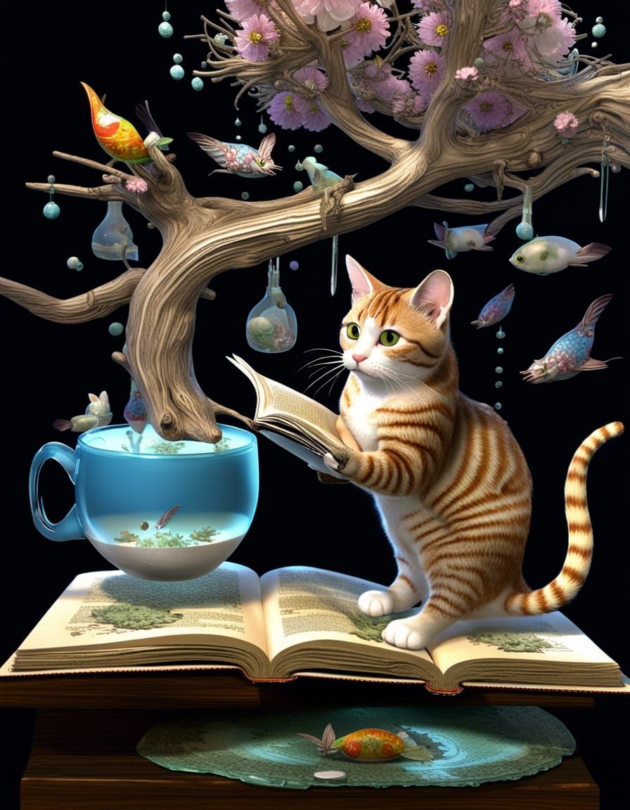 Tabby Cat Reads a Book in a Surreal Scene