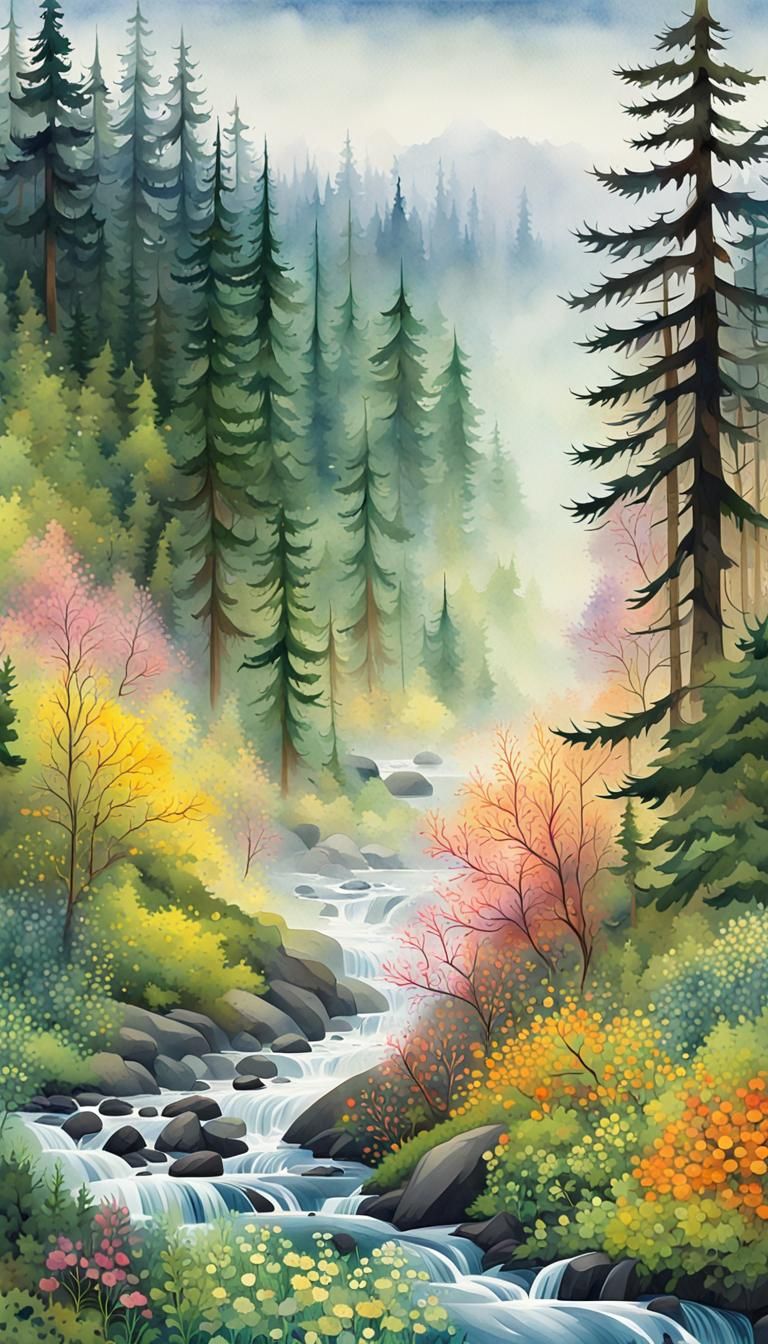 Springtime Forest Stream in Watercolor Style