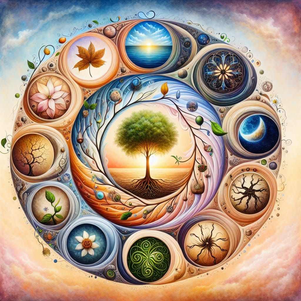 Abstract Life Representation with Flourishing Tree and Sunse...