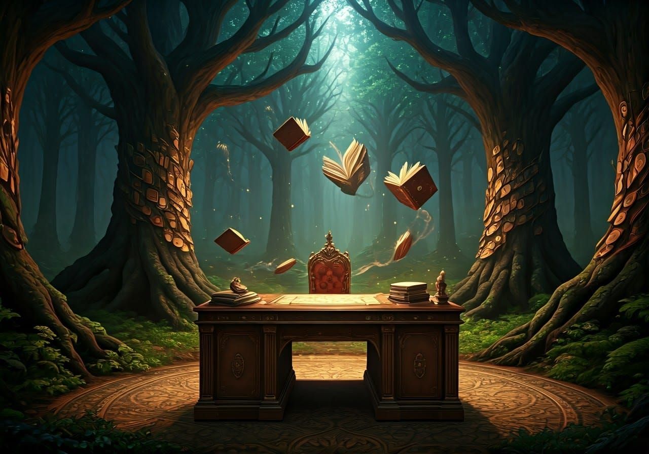 Enchanted Woodland Library with Flying Tomes and Celestial M...