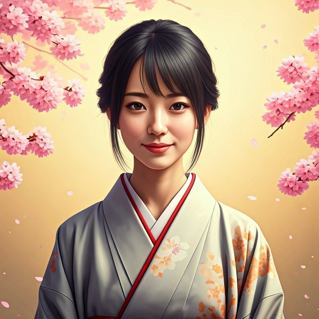 Elegant Japanese Woman in Cherry Blossom Garden