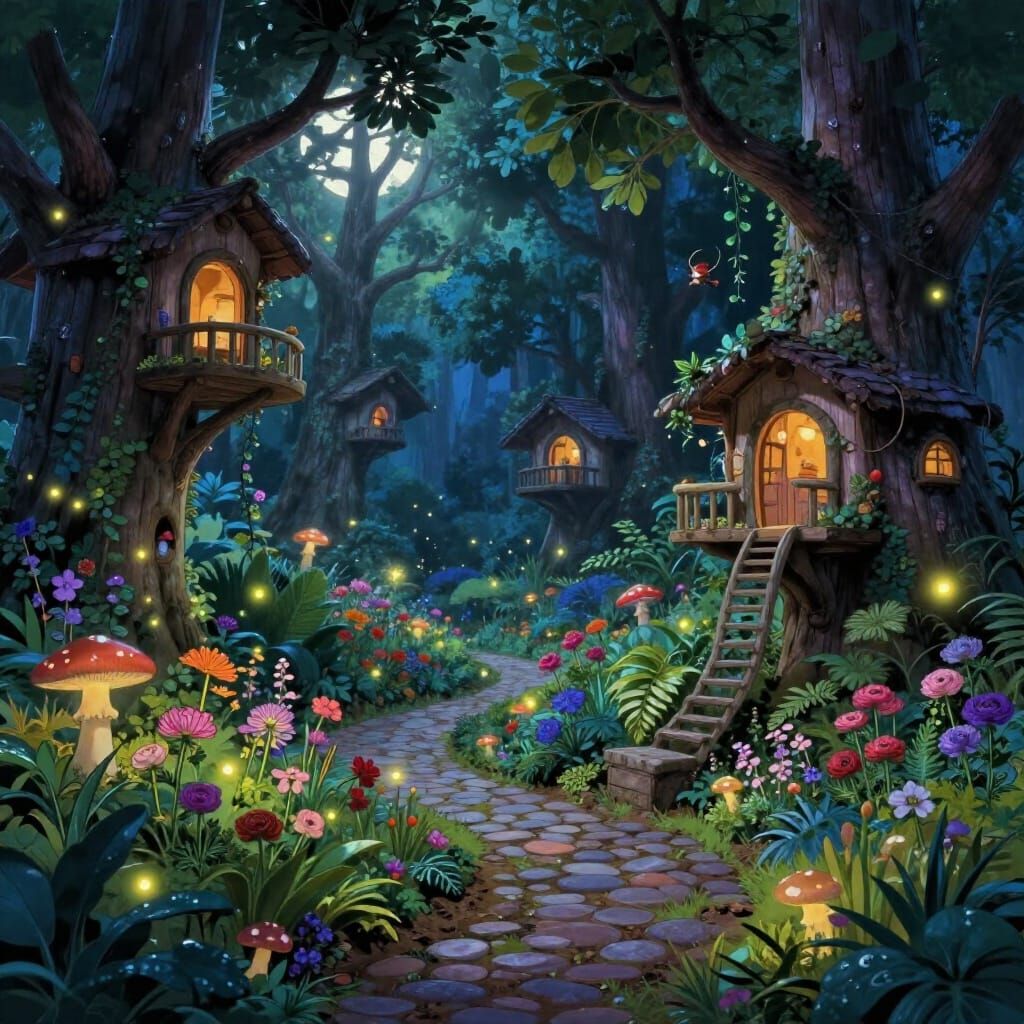 Enchanting Animated Garden Forest at Night