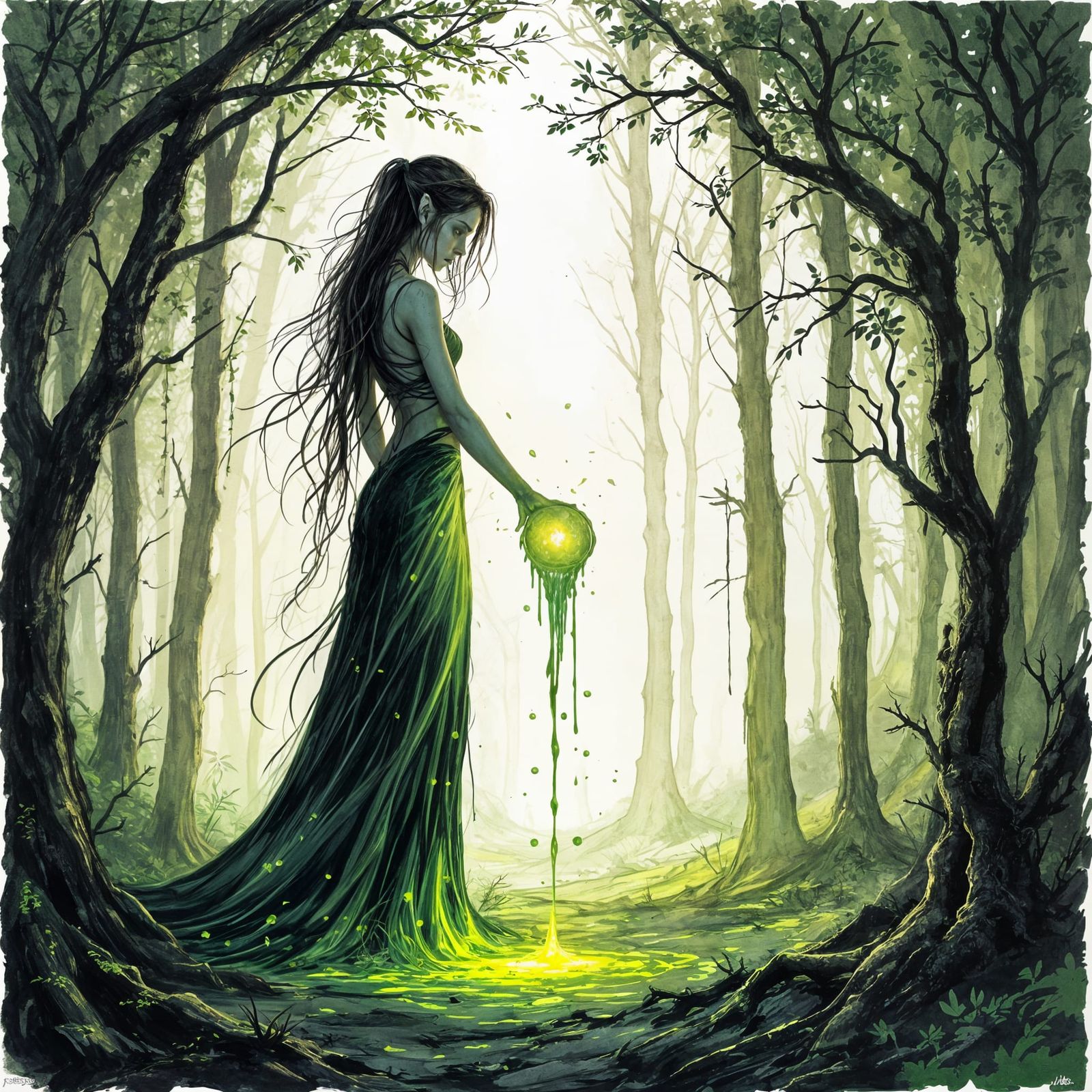 Elf Conjures Glowing Magic Sphere in Forest