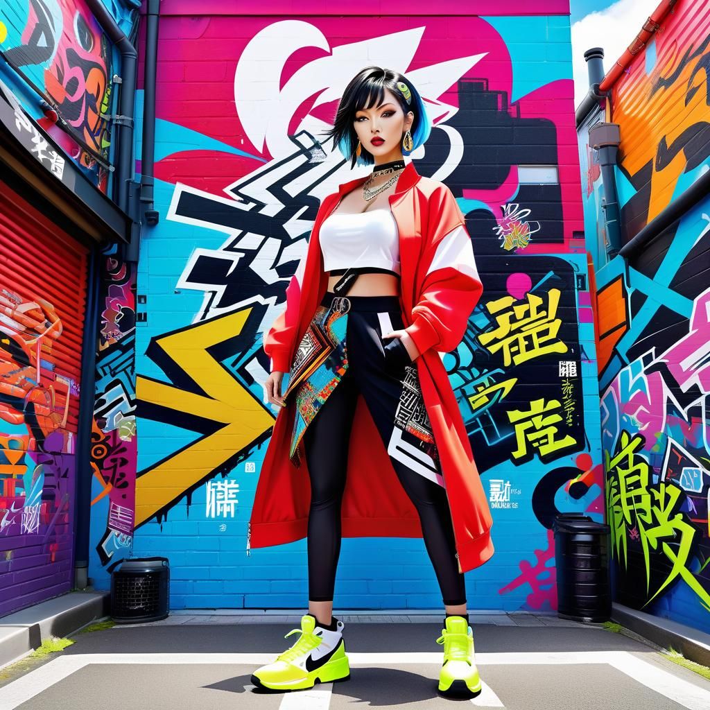Anime Woman in Harajuku Fashion with Graffiti Art