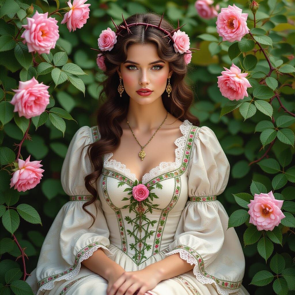 Surreal Woman in Roses: A Mystical Leonora Carrington Style