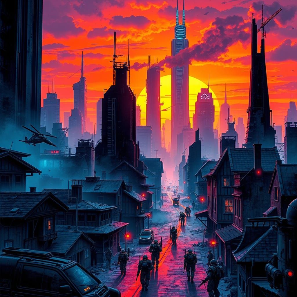 Cyberpunk Dystopian Cityscape at Sunset