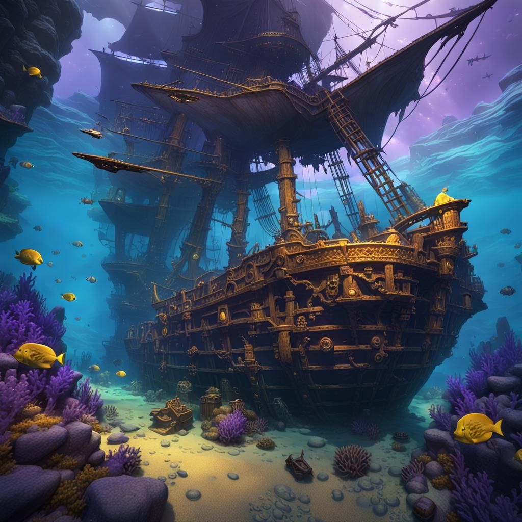 Underwater Pirate Shipwreck in Dark Fantasy Style
