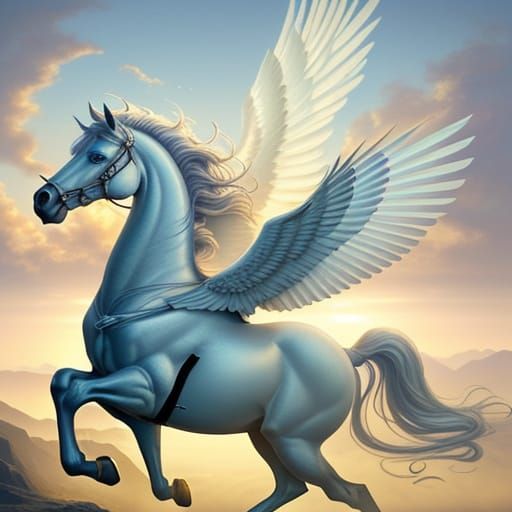 Majestic Pegasus Gallops Through Misty Sky: Digital Art