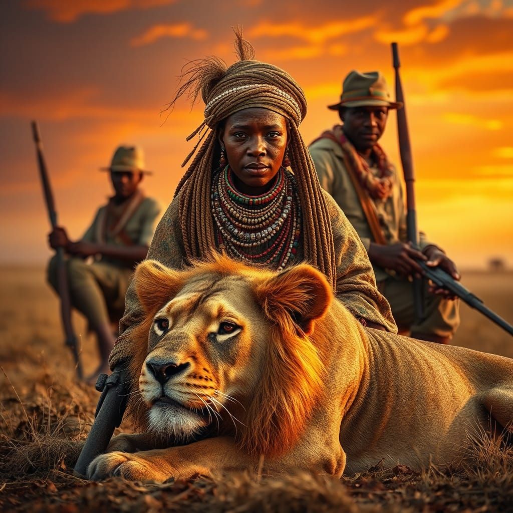African Woman Protected by Hunters on the Steppe
