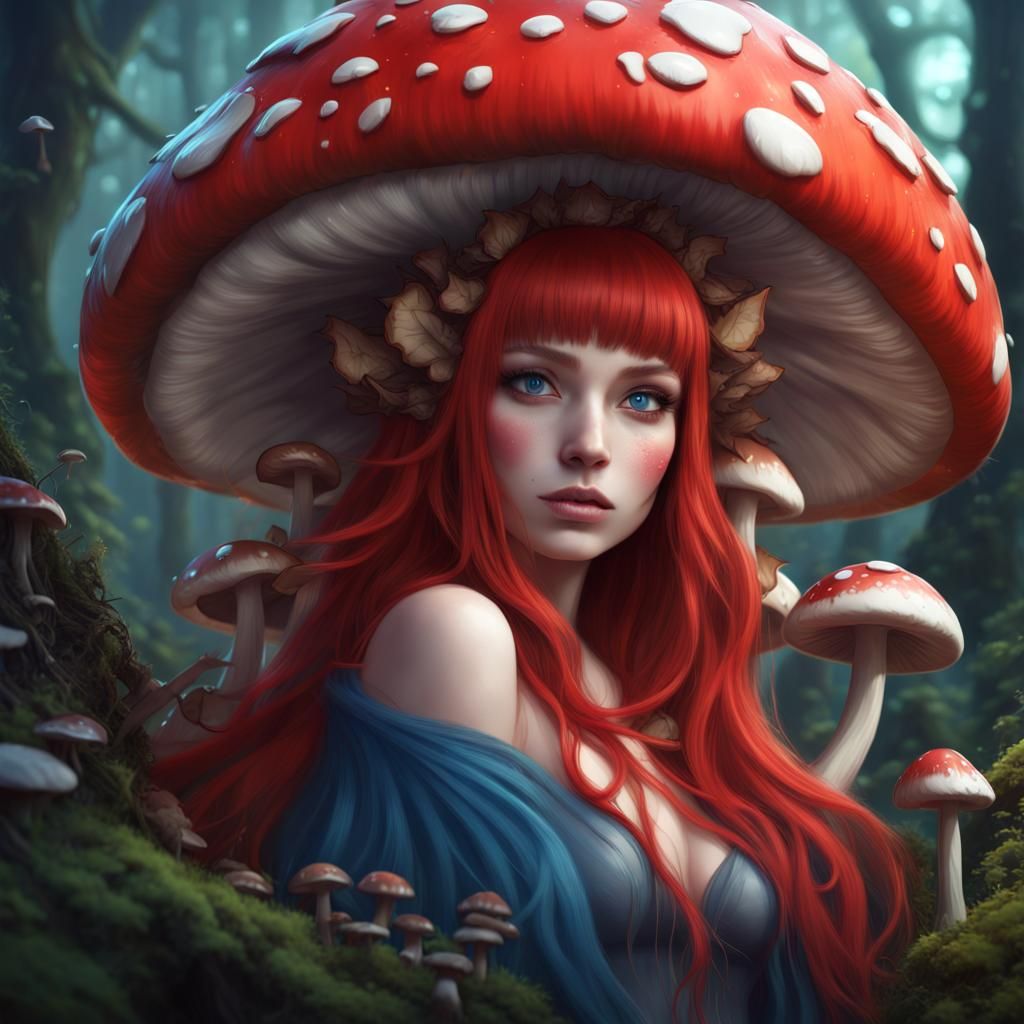 Anime Mushroom Woman with Cat Ears in Forest