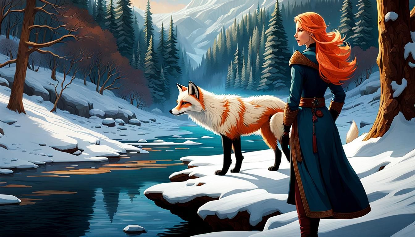 White Fox and Woman in Icy Wonderland: Dark Fantasy Art