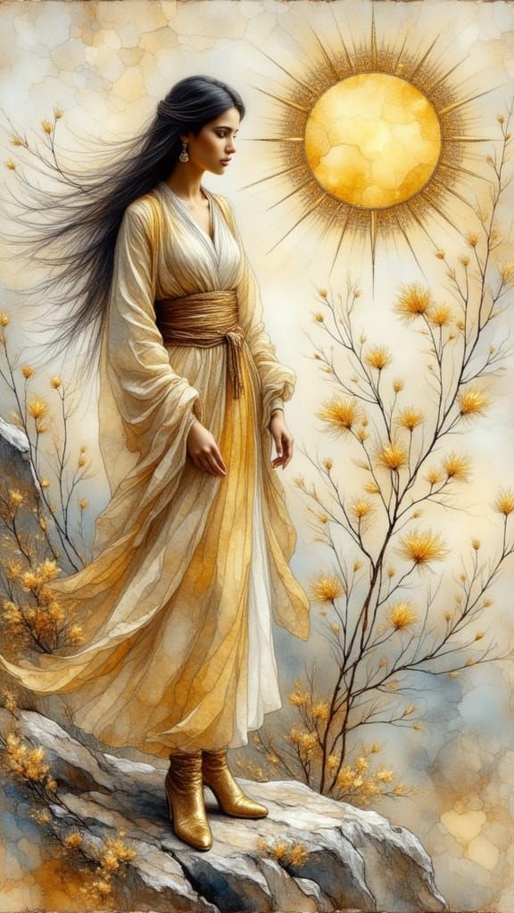 Woman in Flowing Robe on Rocky Ledge in Watercolor Style