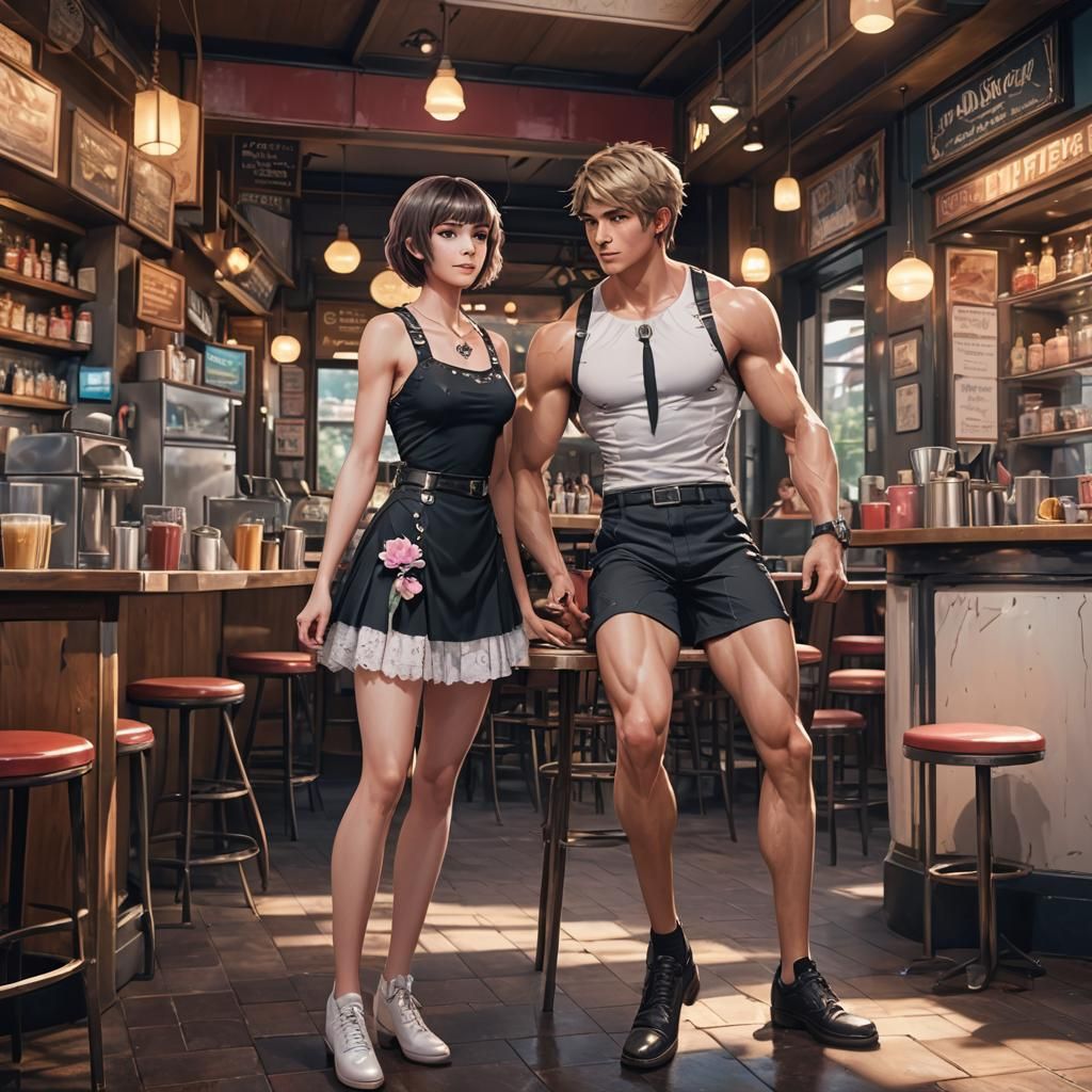 Cross-Dressed Teen and Girlfriend in Cafe: Fantasy Art