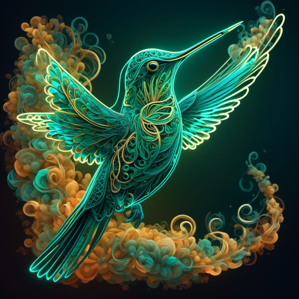 Fantasy Hummingbird with Neon Traces and Rune Moon