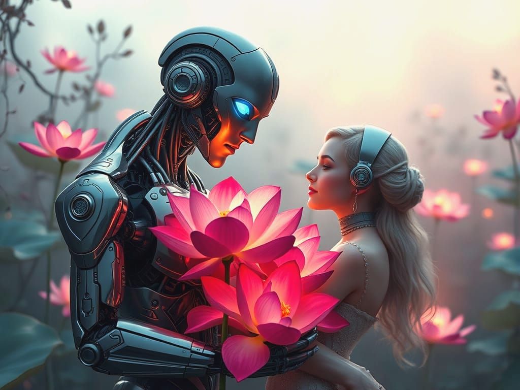 Handsome Cyborg Gives Lotus Flowers to Female Cyborg