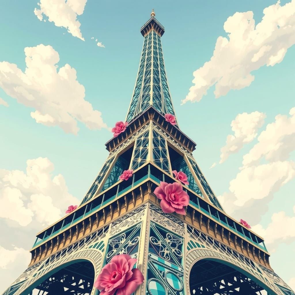 Eiffel Tower in Whimsical Gingham Patterns, Intricate Detail...