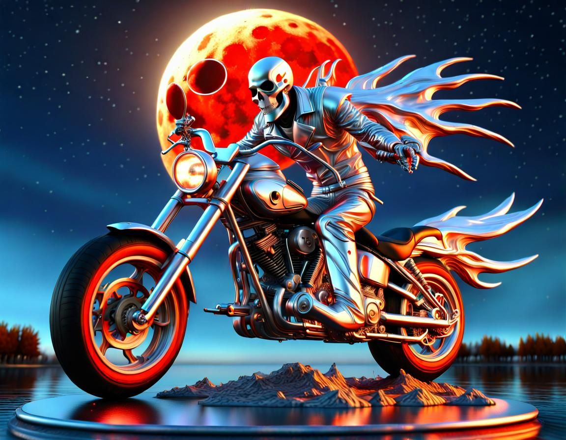 Silver Ghost Rider Sculpture Under Starry Moon