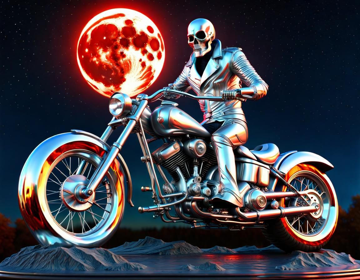 Halloween Ghost Rider Silver Sculpture in Retrowave Style