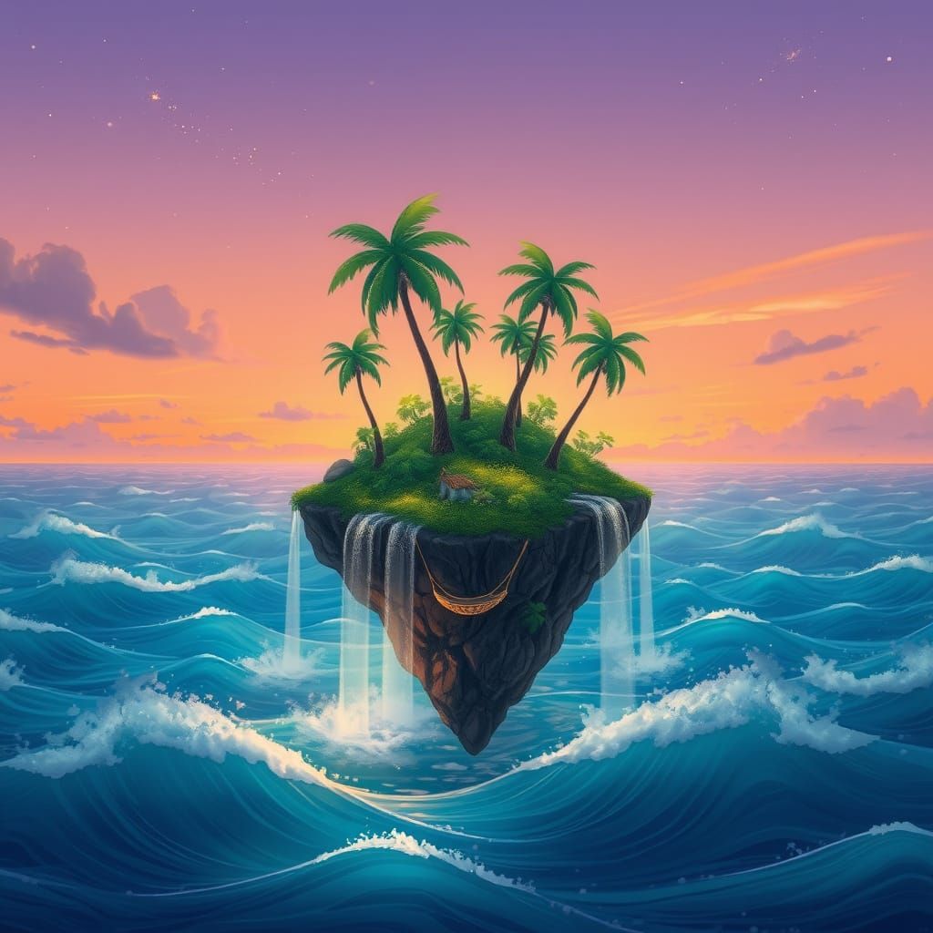 Lush Floating Island with Waterfalls and Sunset Sky