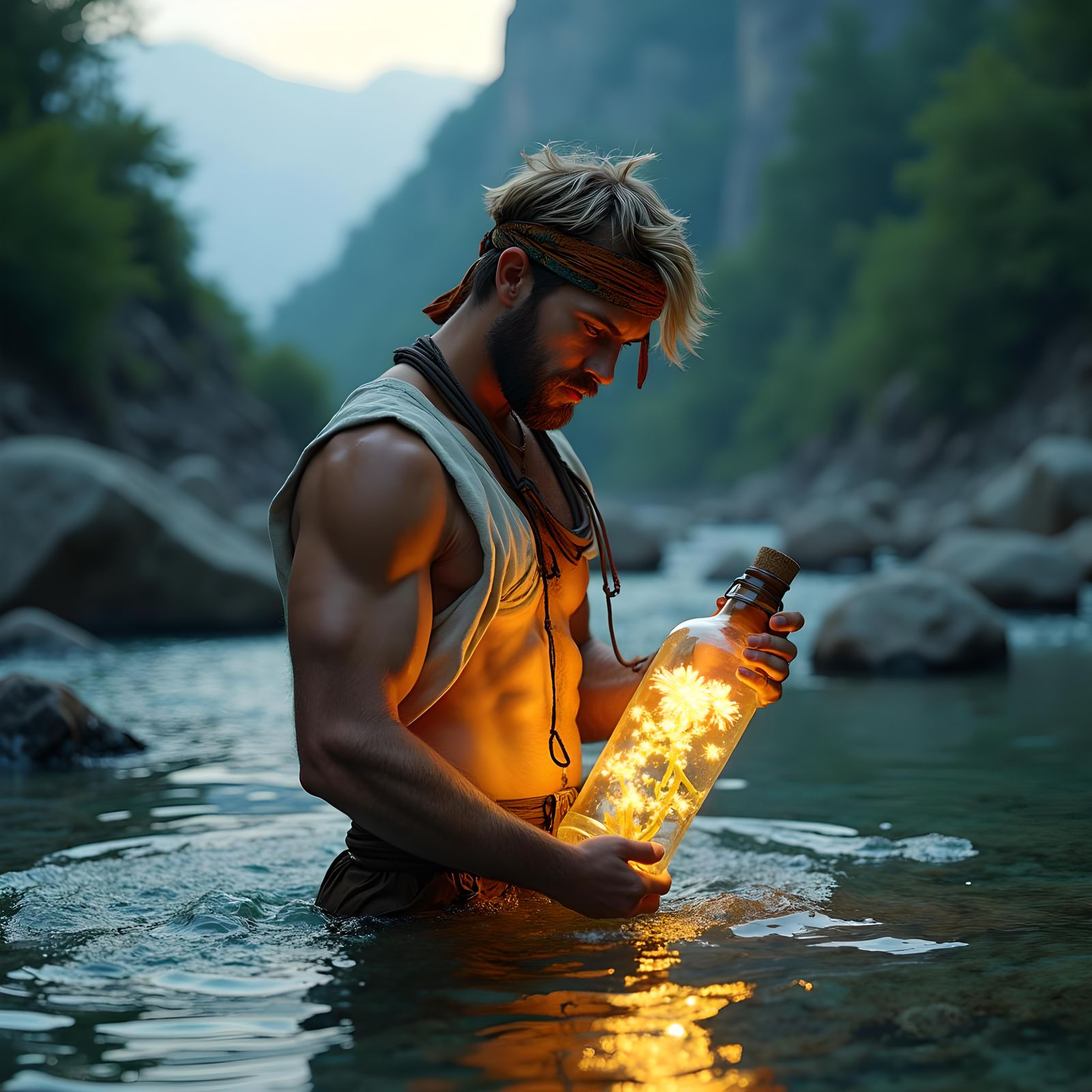 Fantasy Adventurer with Glowing Flower in River