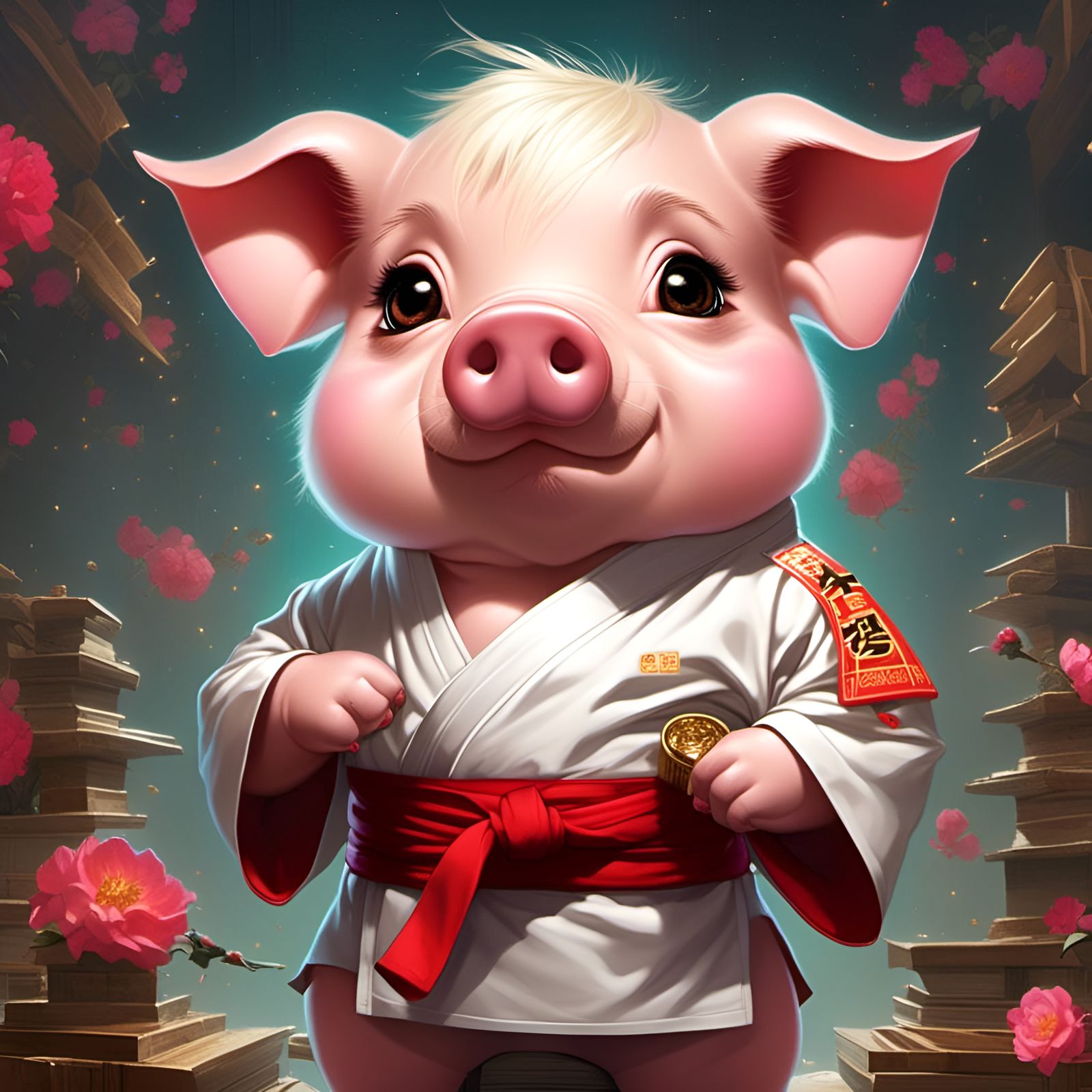 Adorable Karate Pig Portrait in Whimsical Style