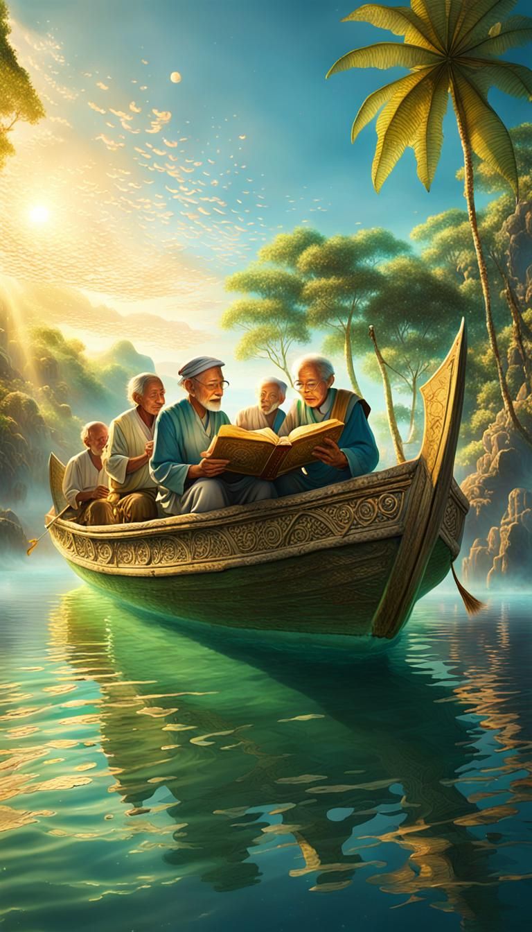 Old People Reading on Boat in Fantasy Style