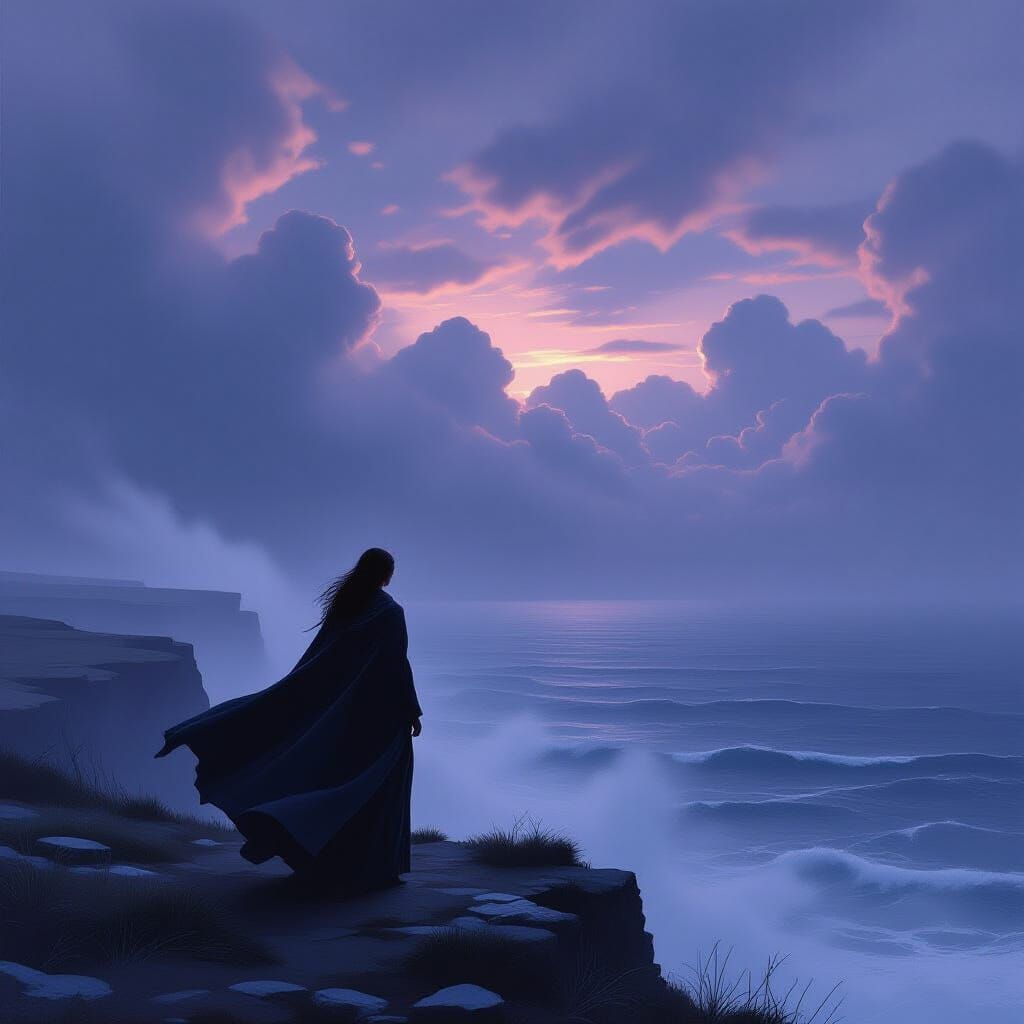 Woman on Windswept Cliff Overlooking Desolate Ocean