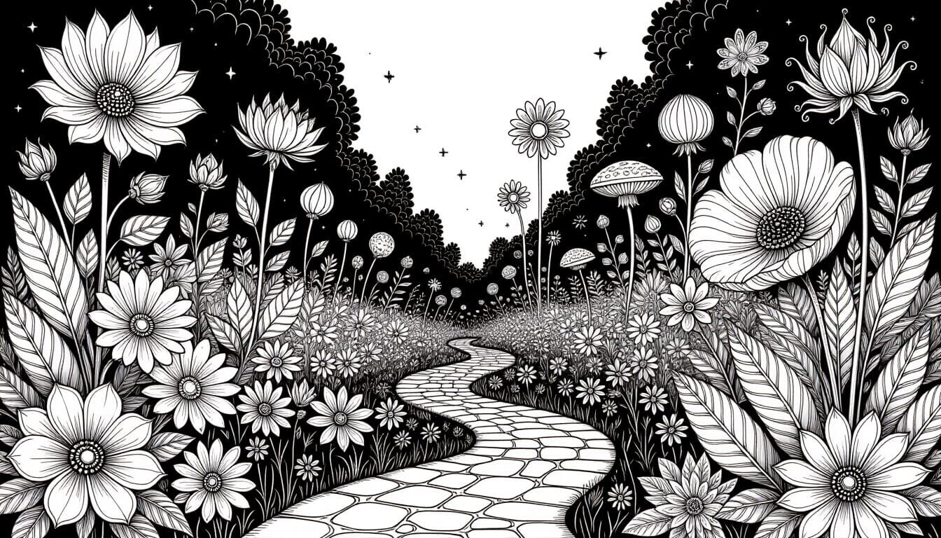 Fantastical Garden in Detailed Black Line Drawing