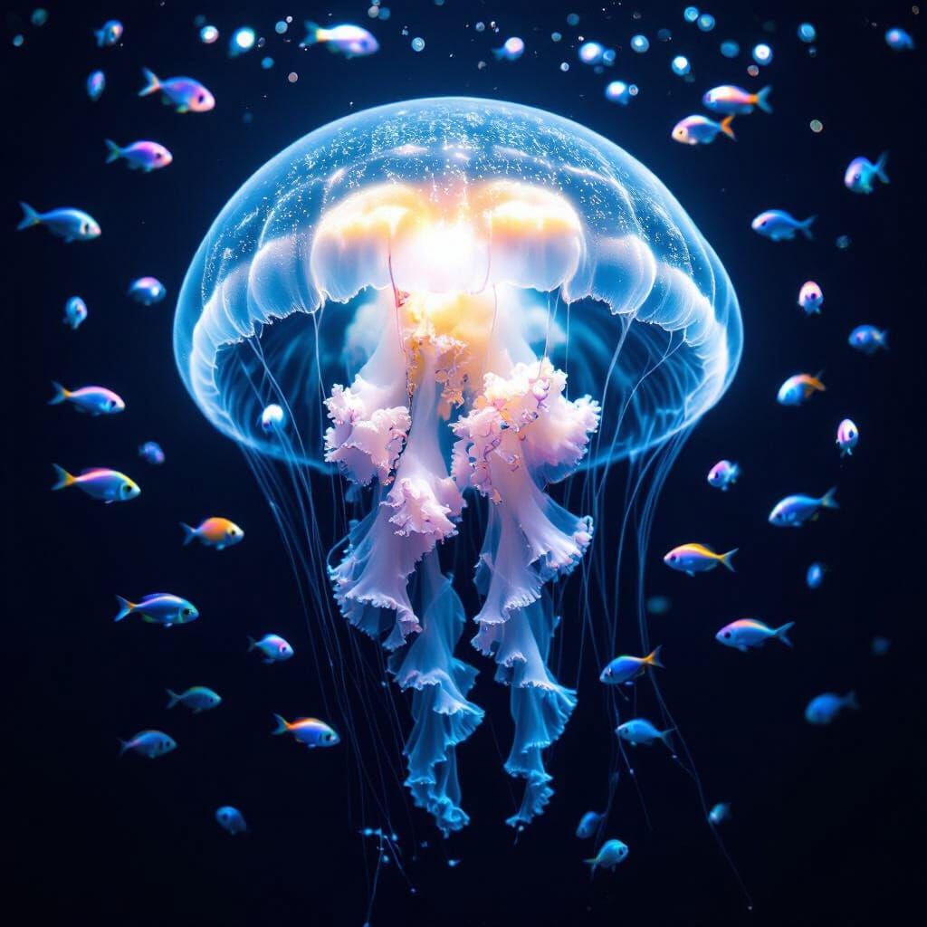 Bioluminescent Jellyfish in Abyssal Zone, Underwater Photogr...