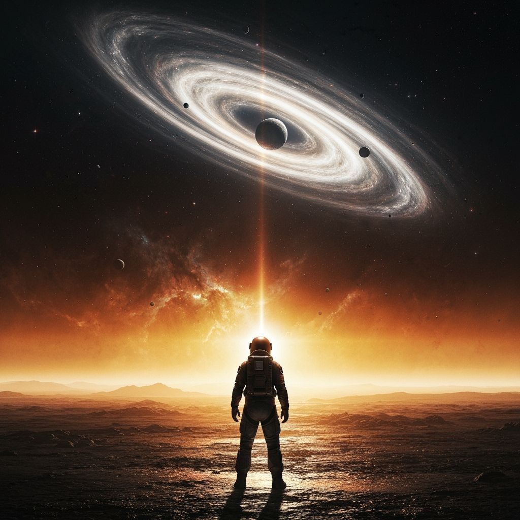 Astronaut on Alien Planet Gazing at Nebula